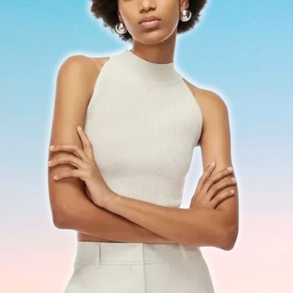 BABATON Aritzia Sculpt Rib-Knit Cropped Halter Top Sz Large Matte Pearl - Picture 1 of 8